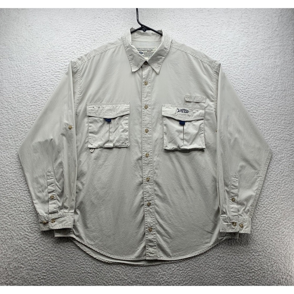 Aftco Button Up Shirt Mens Large Beige Relaxed Fishing Outdoors Vented Roll Tab